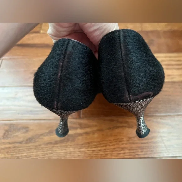 PRADA - Glossy Black Buckle Pointed Toe Pony Hair Low Heel Pumps Sz 41 US 11 - Picture 6 of 12